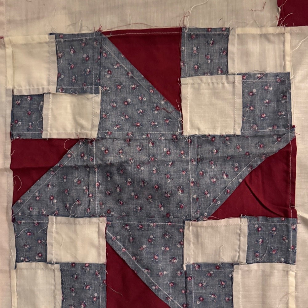 Handmade Quilt Top Panels 12 Vintage Patchwork Red White Blue Cotton - Picture 7 of 16